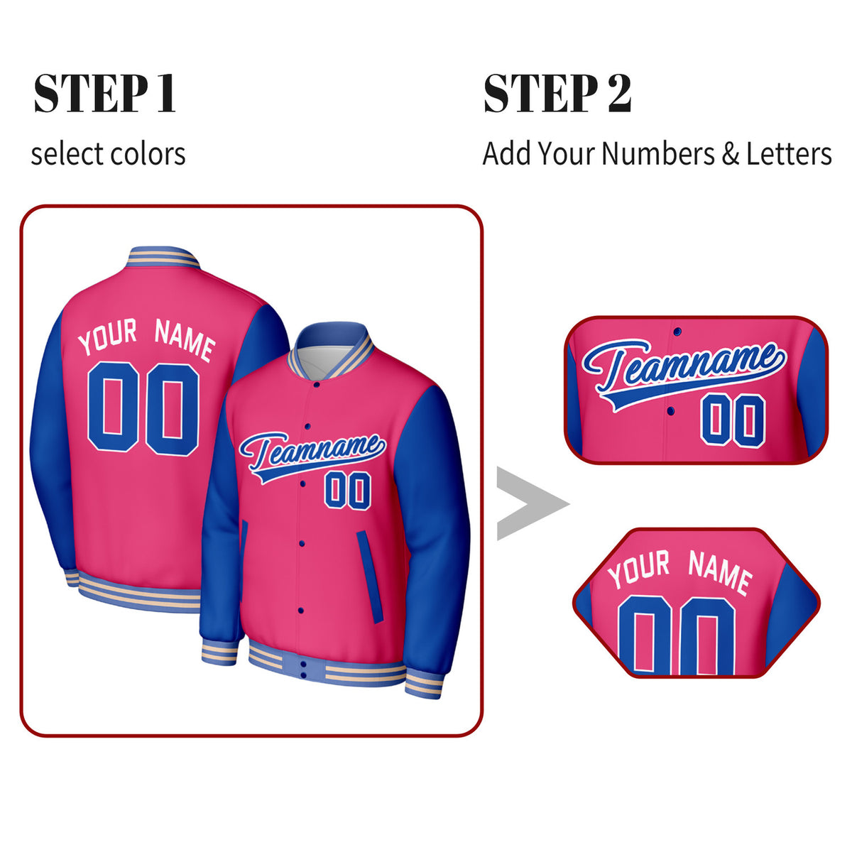 Custom Pink & Blue Varsity Baseball Jacket | Personalized Jacket with Stitched Name & Number for Adult & Youth
