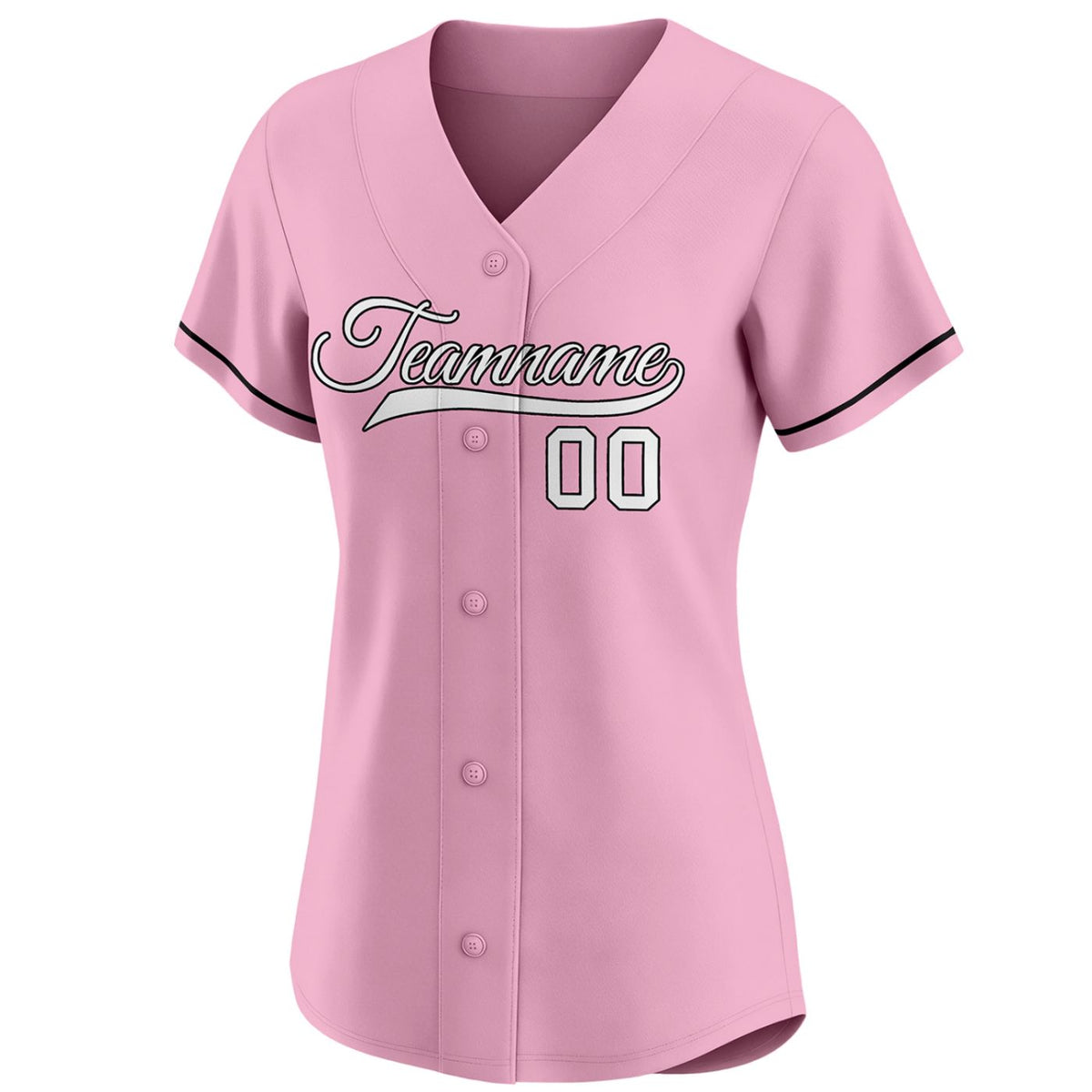 Front view of a custom pink women's baseball jersey with black trim and customizable team name and number.