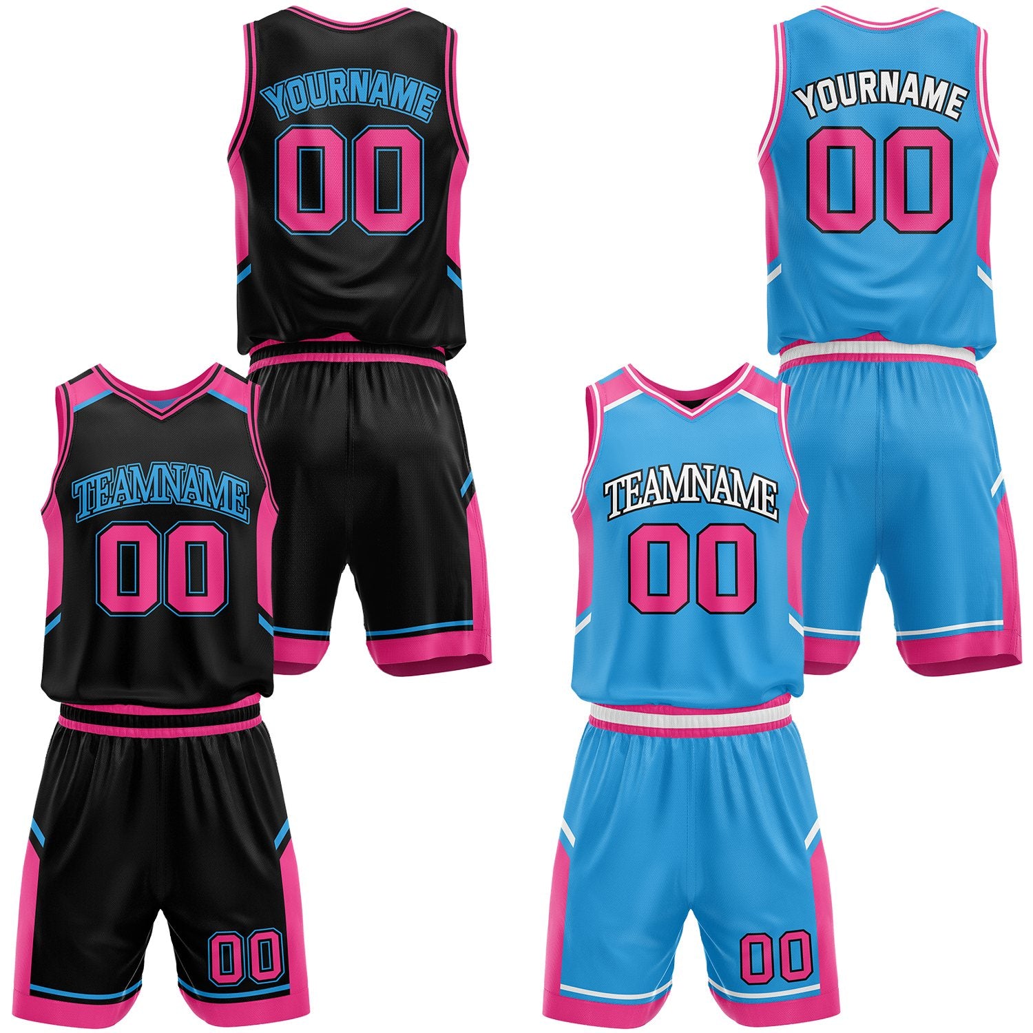 Plus size custom black and sky blue reversible basketball jerseys set, personalized team name, player number and logo, breathable moisture wicking mesh for men and women.