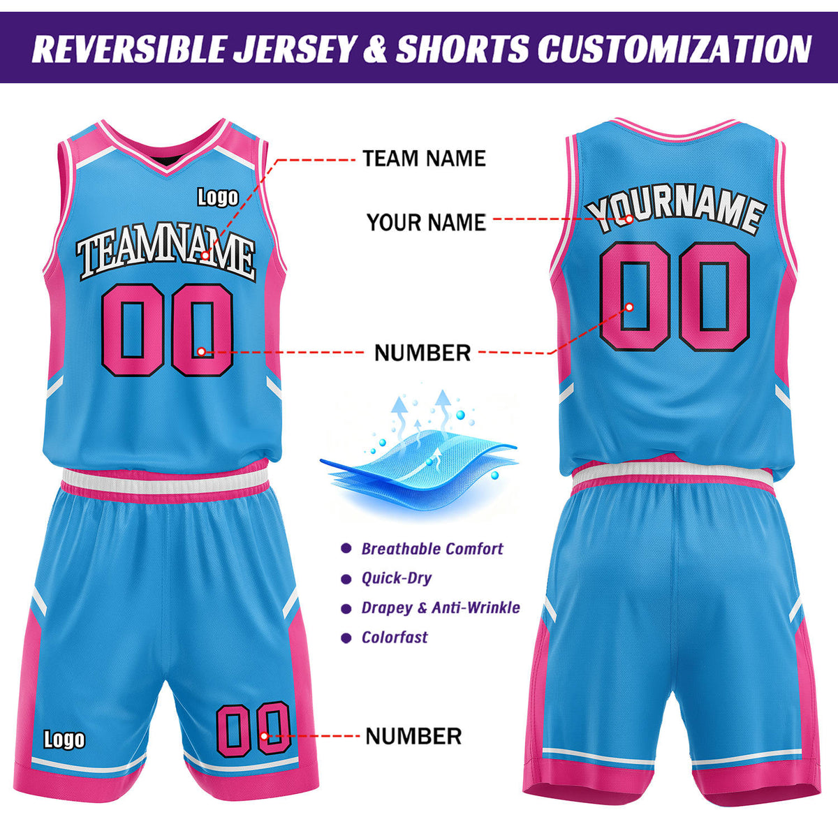 Custom Reversible Basketball Uniform Set | Black & Sky Blue V-Neck Sleeveless Jersey & Athletic Shorts