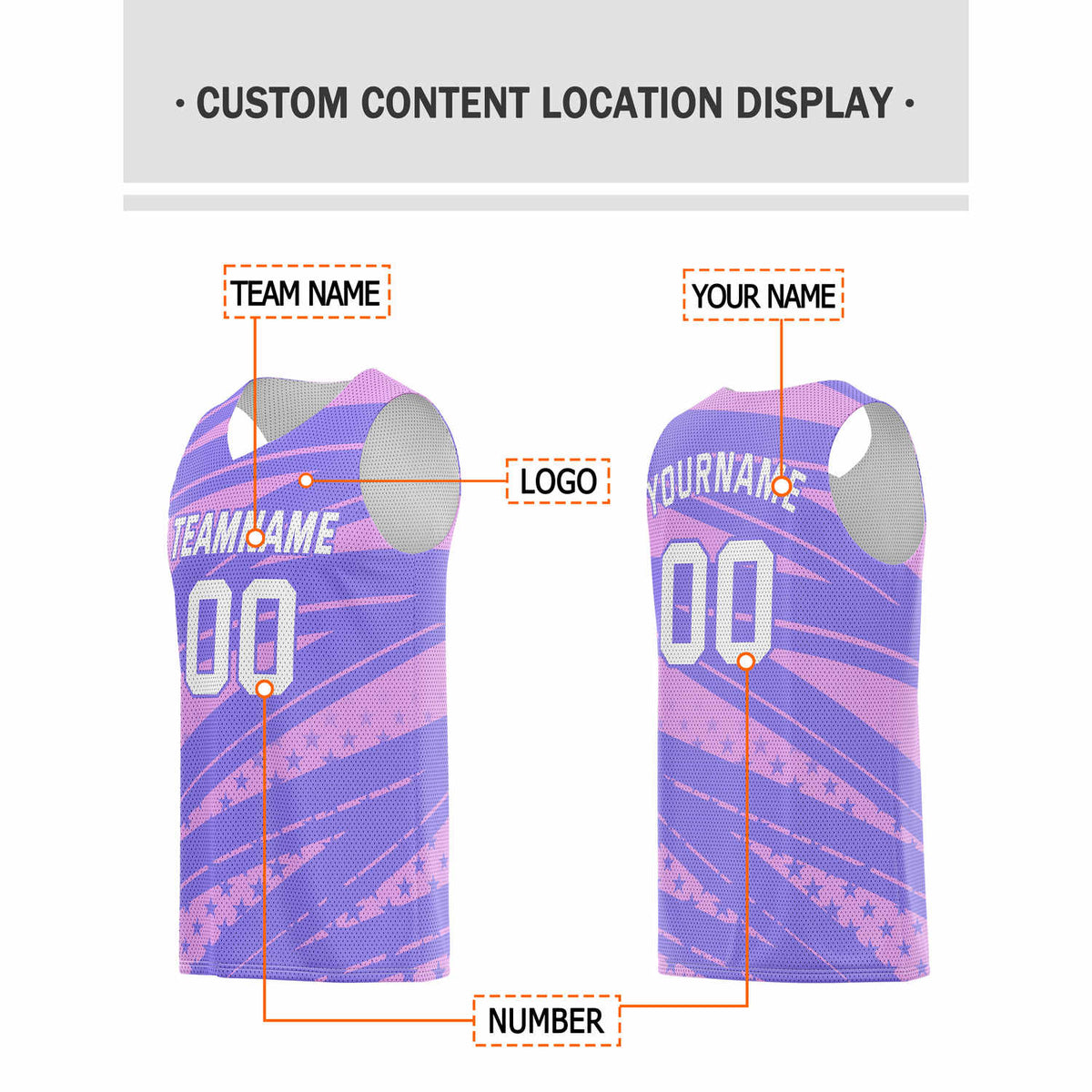 Custom Purple & Pink Star-Stripe Pattern Basketball Jersey - Personalized Team Name, Number & LOGO | Vosoli