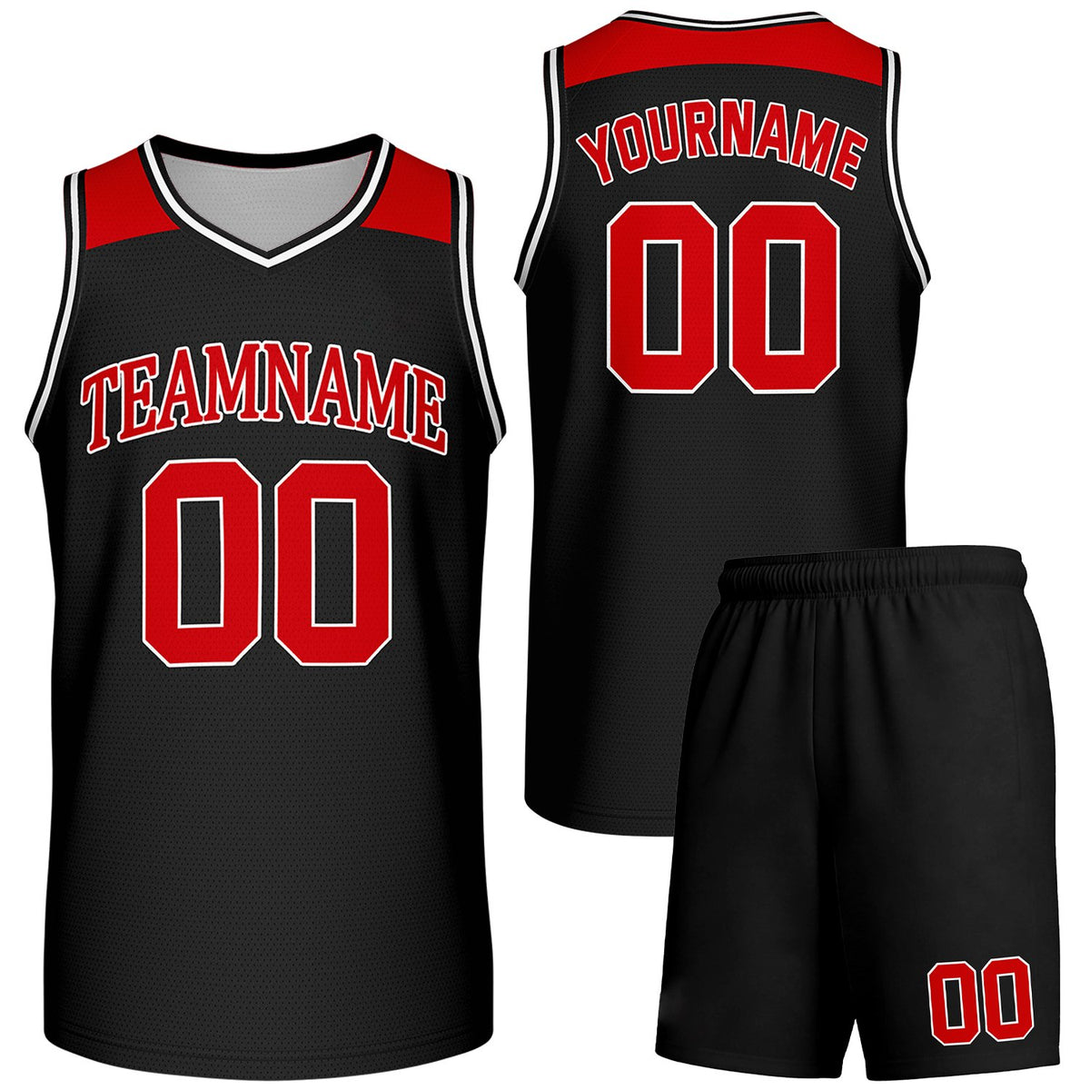 Quick turnaround basketball uniforms black‑red by Vosoli, personalized team name, number & logo, breathable mesh fabric for fast‑delivery custom team match‑ready sportswear