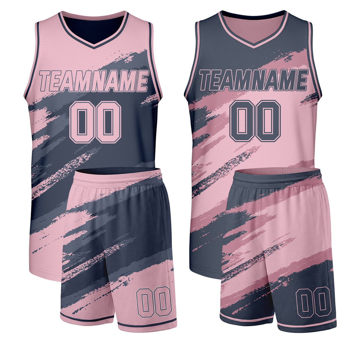 Quick turnaround basketball uniforms pink and navy reversible by Vosoli, personalized team name, number & logo, breathable dual-sided mesh for team basketball games