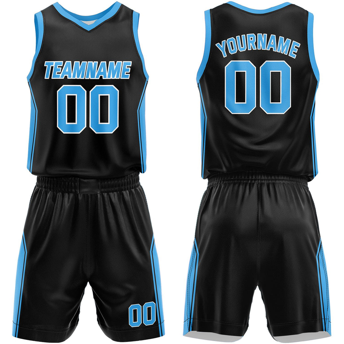 Rec league basketball uniforms black‑lightblue by Vosoli, personalized team name, number & logo, quick‑dry mesh fabric for rec league game‑ready basketball team outfits