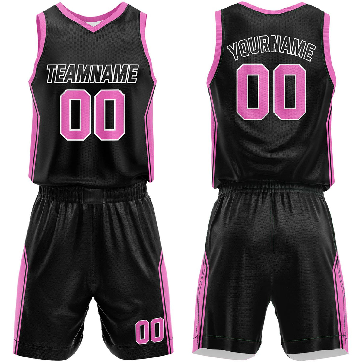 Rec league basketball uniforms black‑pink by Vosoli, personalized team name, number & logo, quick‑dry mesh fabric for rec league game‑ready basketball team outfits