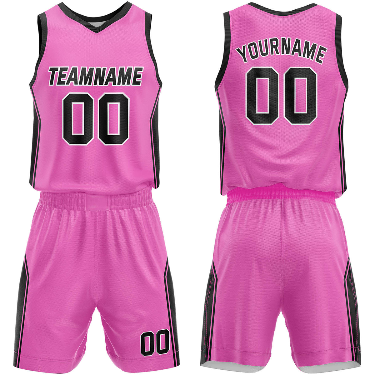 Rec league basketball uniforms pink‑black by Vosoli, personalized team name, number & logo, quick‑dry mesh fabric for rec league game‑ready basketball team outfits