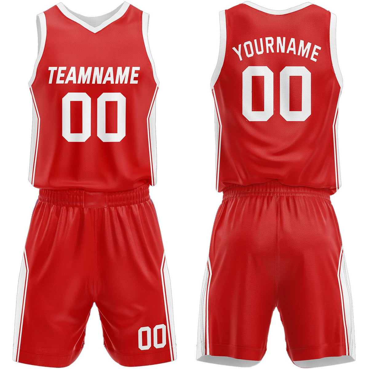 Rec league basketball uniforms red‑white by Vosoli, personalized team name, number & logo, quick‑dry mesh fabric for rec league game‑ready basketball team outfits