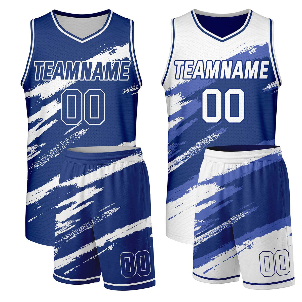Rec league basketball uniforms navy‑white reversible by Vosoli, personalized team name, number & logo, durable dual‑sided mesh fabric for recreational game‑ready team sportswear