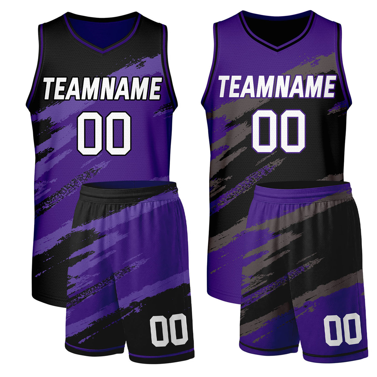 Rec league basketball uniforms purple‑black reversible by Vosoli, personalized team name, number & logo, durable dual‑sided mesh fabric for recreational game‑ready team sportswear