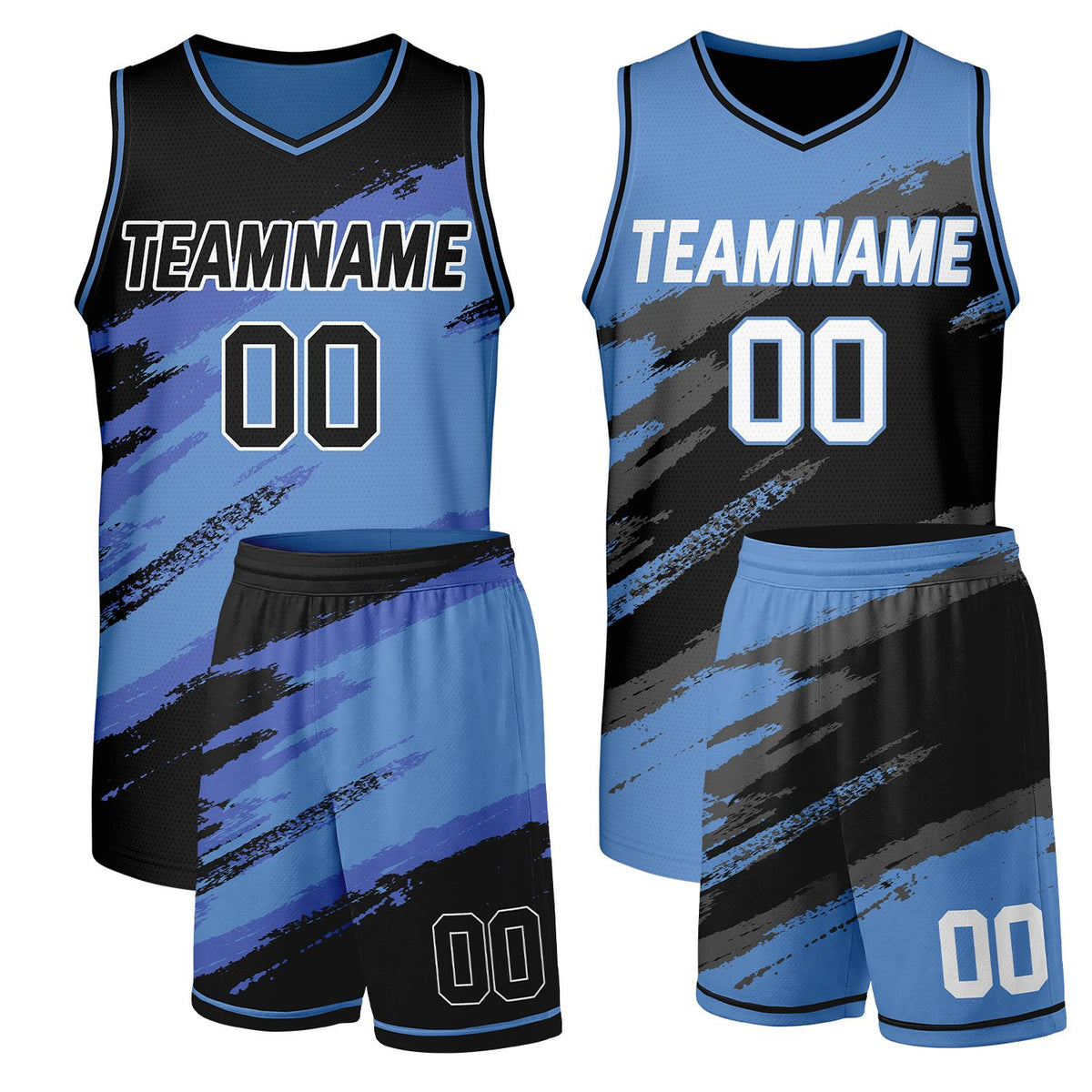 Rec league basketball uniforms skyblue‑black reversible by Vosoli, personalized team name, number & logo, durable dual‑sided mesh fabric for recreational game‑ready team sportswear