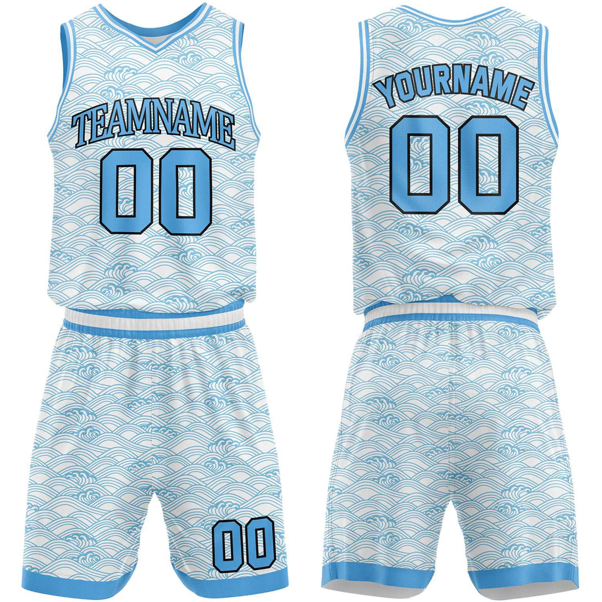 Rec league basketball uniforms white‑lightblue wave pattern by Vosoli, personalized team name, number & logo, quick‑dry mesh fabric for rec league game‑ready basketball team outfits