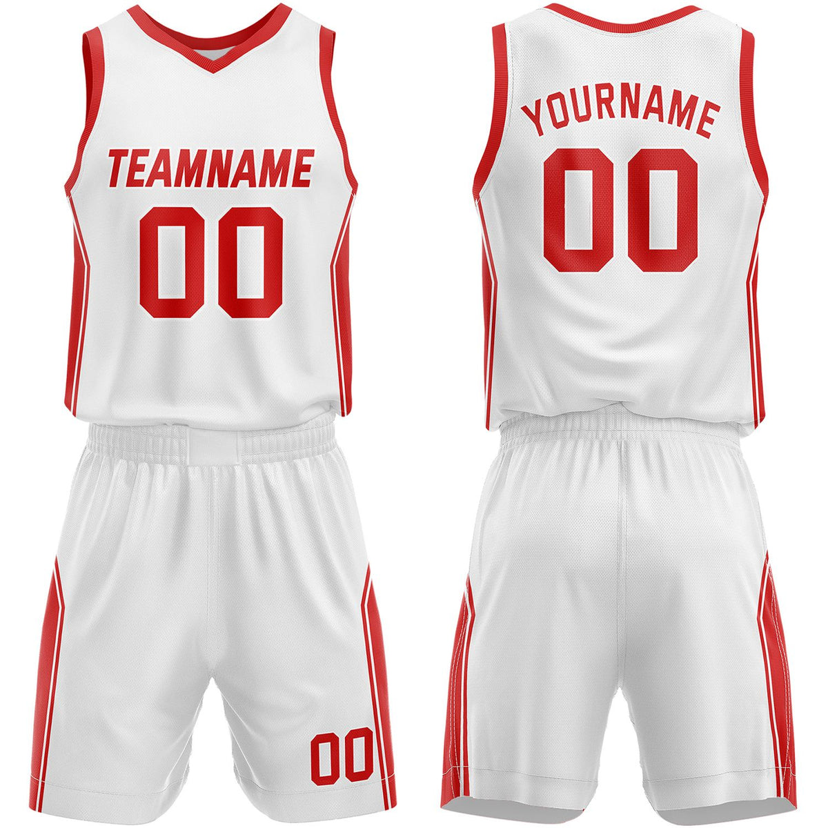 Rec league basketball uniforms white‑red by Vosoli, personalized team name, number & logo, quick‑dry mesh fabric for rec league game‑ready basketball team outfits