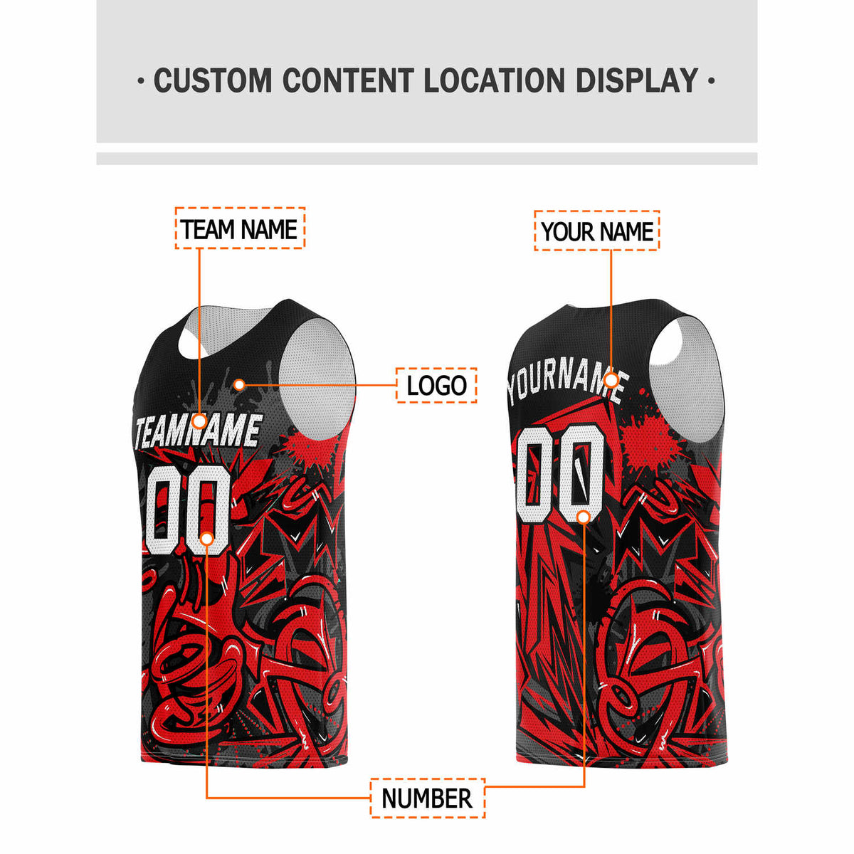 Custom Red & Black Graffiti Splash Basketball Jersey - Personalized Team Name, Number & LOGO | Vosoli