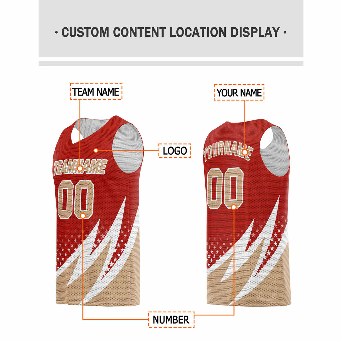 Custom Red & Gold Lightning-Star Pattern Basketball Jersey - Personalized Team Name, Number & LOGO | Vosoli