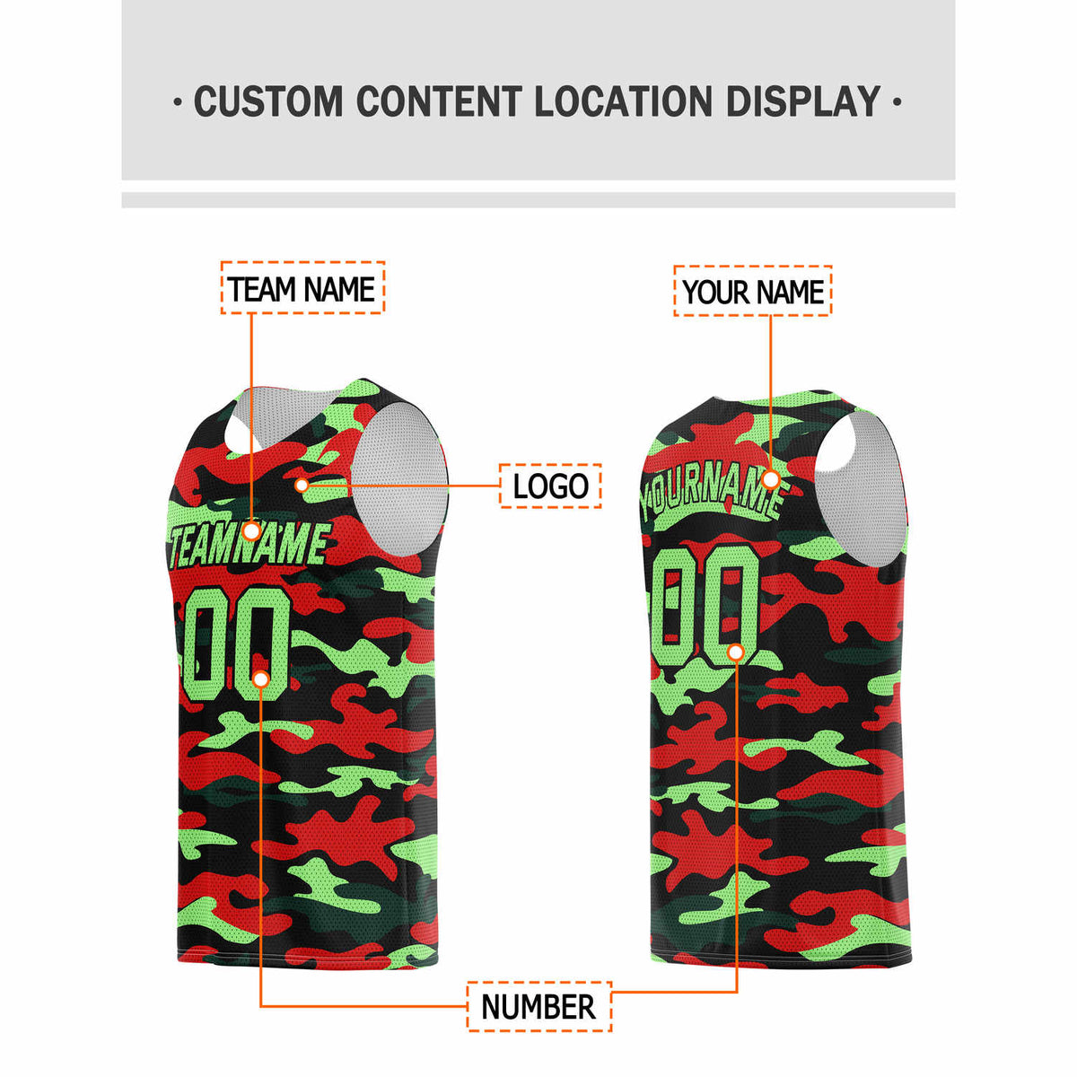 Custom Red & Neon Green Camo Basketball Jersey - Personalized Team Name, Number & LOGO | Vosoli