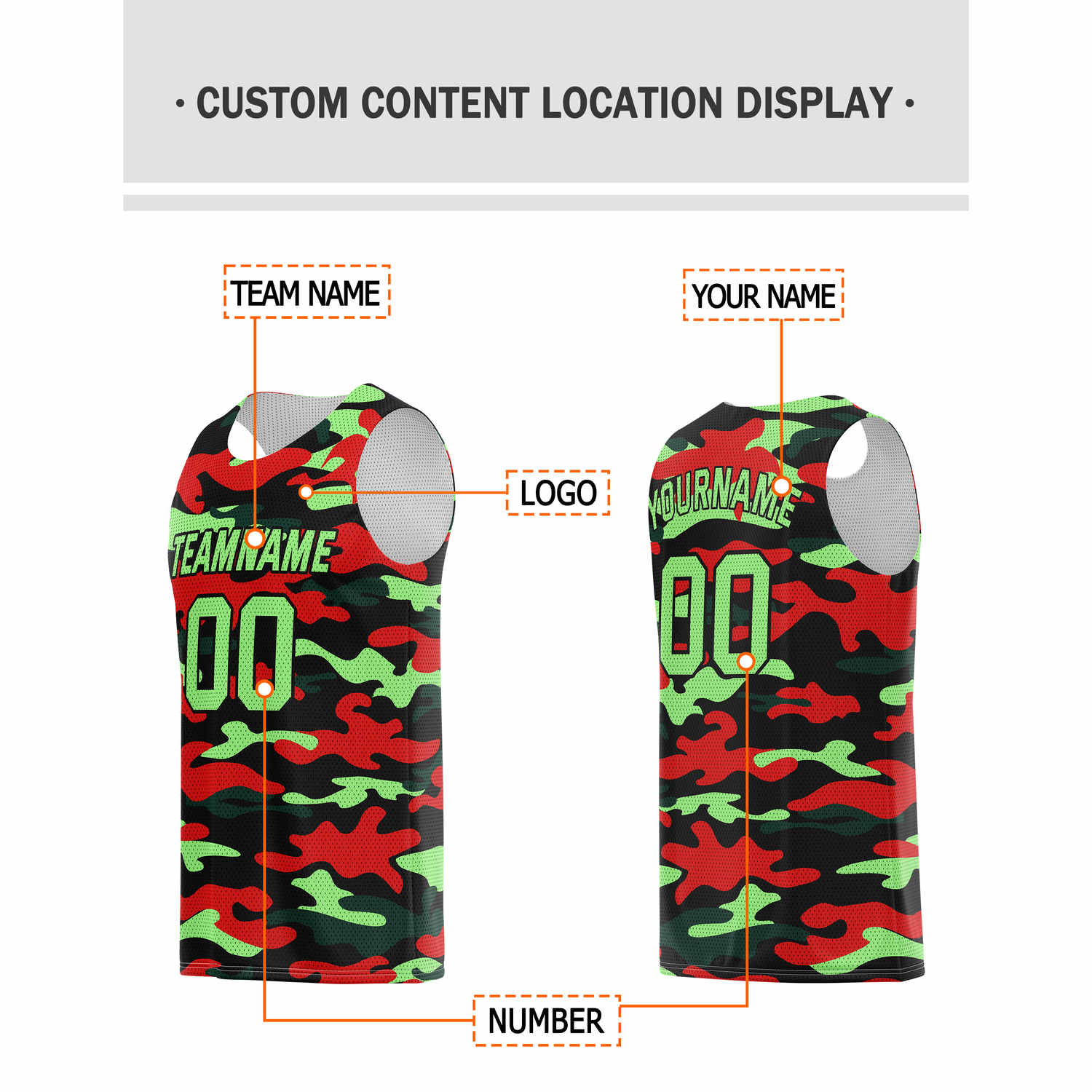 Custom Red & Neon Green Camo Basketball Jersey - Personalized Team Name, Number & LOGO | Vosoli