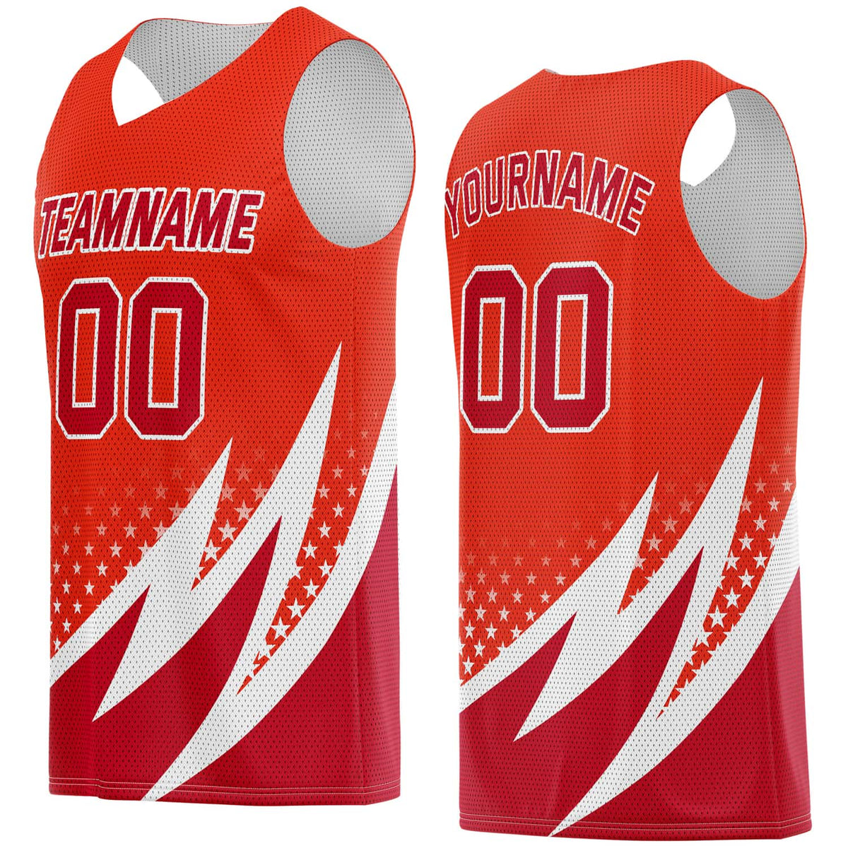 Custom Multi-Red &amp; White Lightning-Star Pattern Basketball Jersey - Personalized Team Name, Number &amp; LOGO | Vosoli