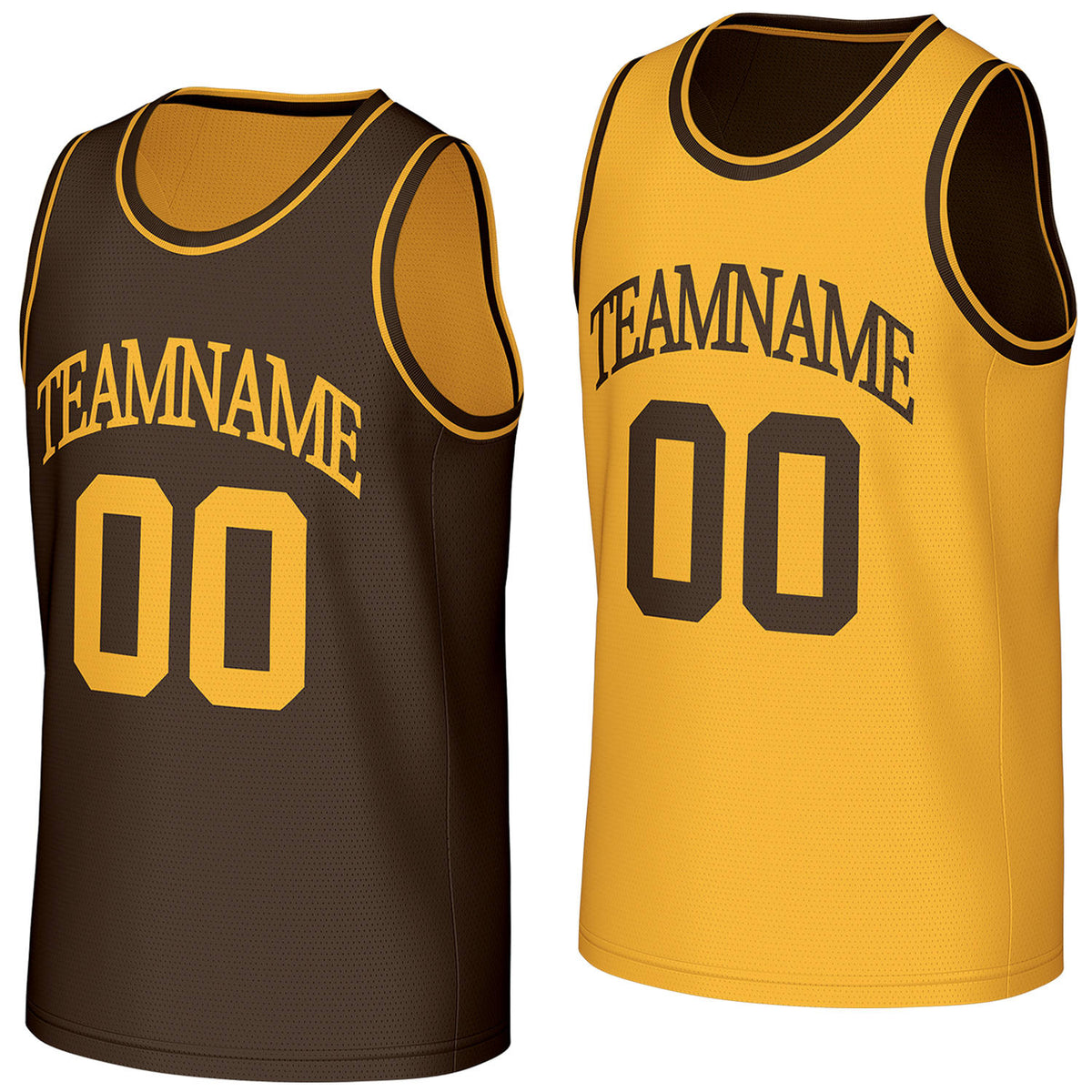 retro basketball team uniforms brown gold reversible by Vosoli, personalized team name, number &amp; logo, breathable mesh dual sided basketball jersey for team games