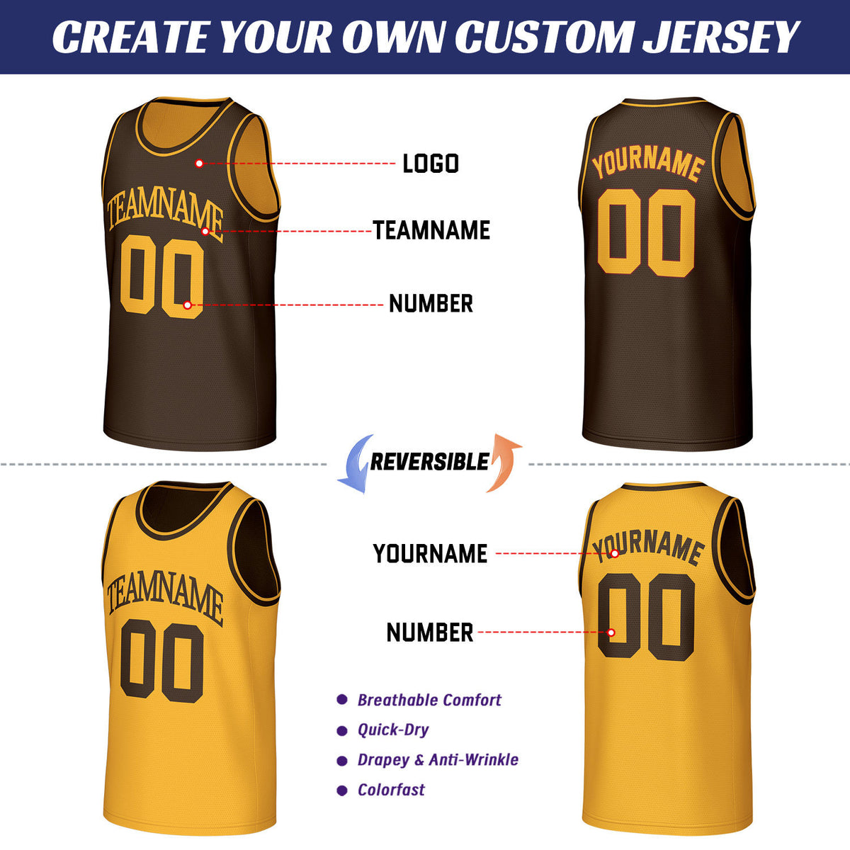 Custom Brown & Gold Reversible Basketball Jersey | Personalized Sleeveless Mesh Jersey for Adult Youth