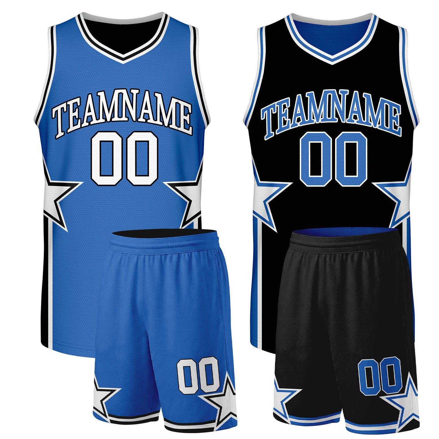 Retro basketball team uniforms royal blue black reversible by Vosoli. Personalized team name, player number & logo. Breathable mesh. Fast delivery.