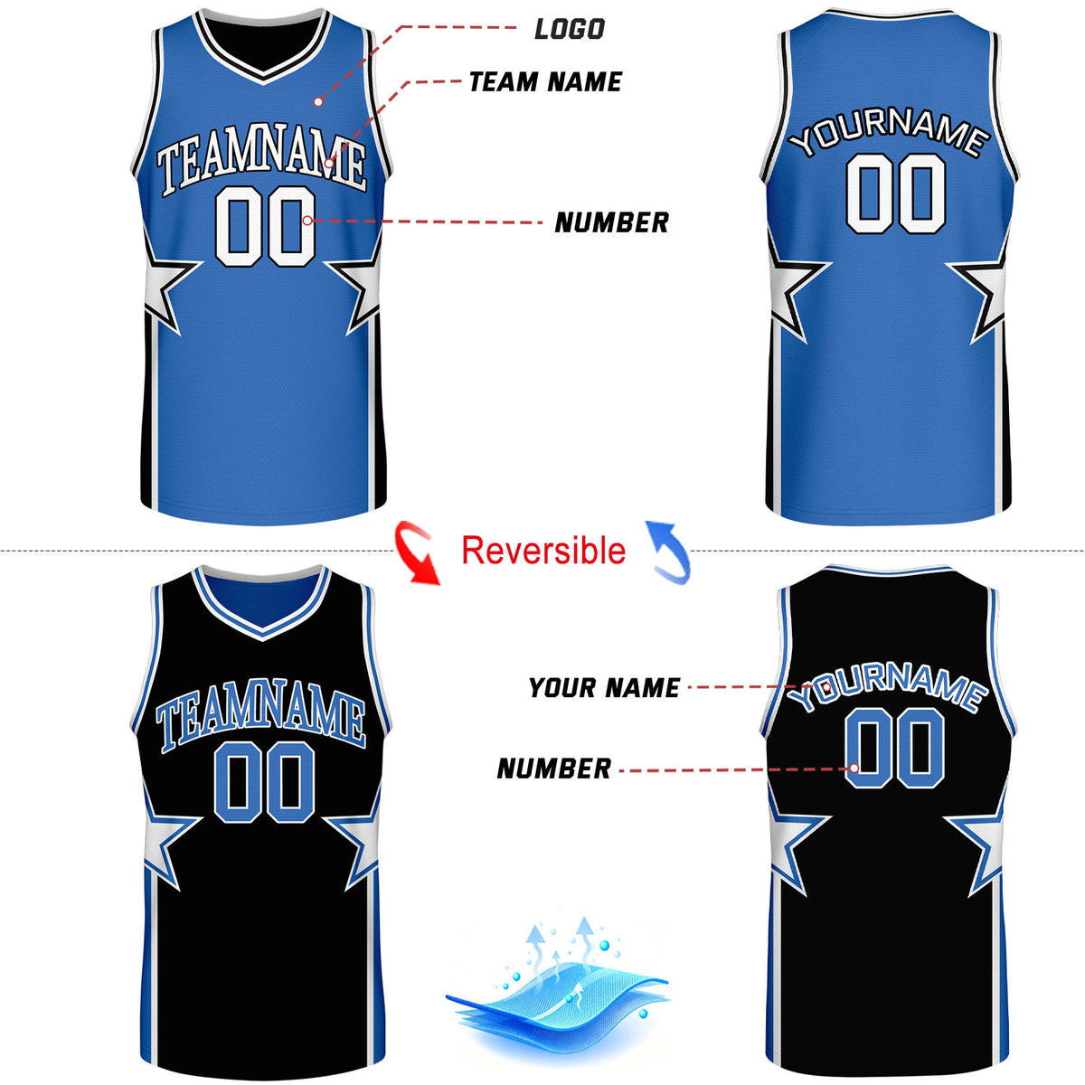 Custom Royal Blue & Black Star Reversible Basketball Uniform Set | Breathable Mesh Jersey & Shorts