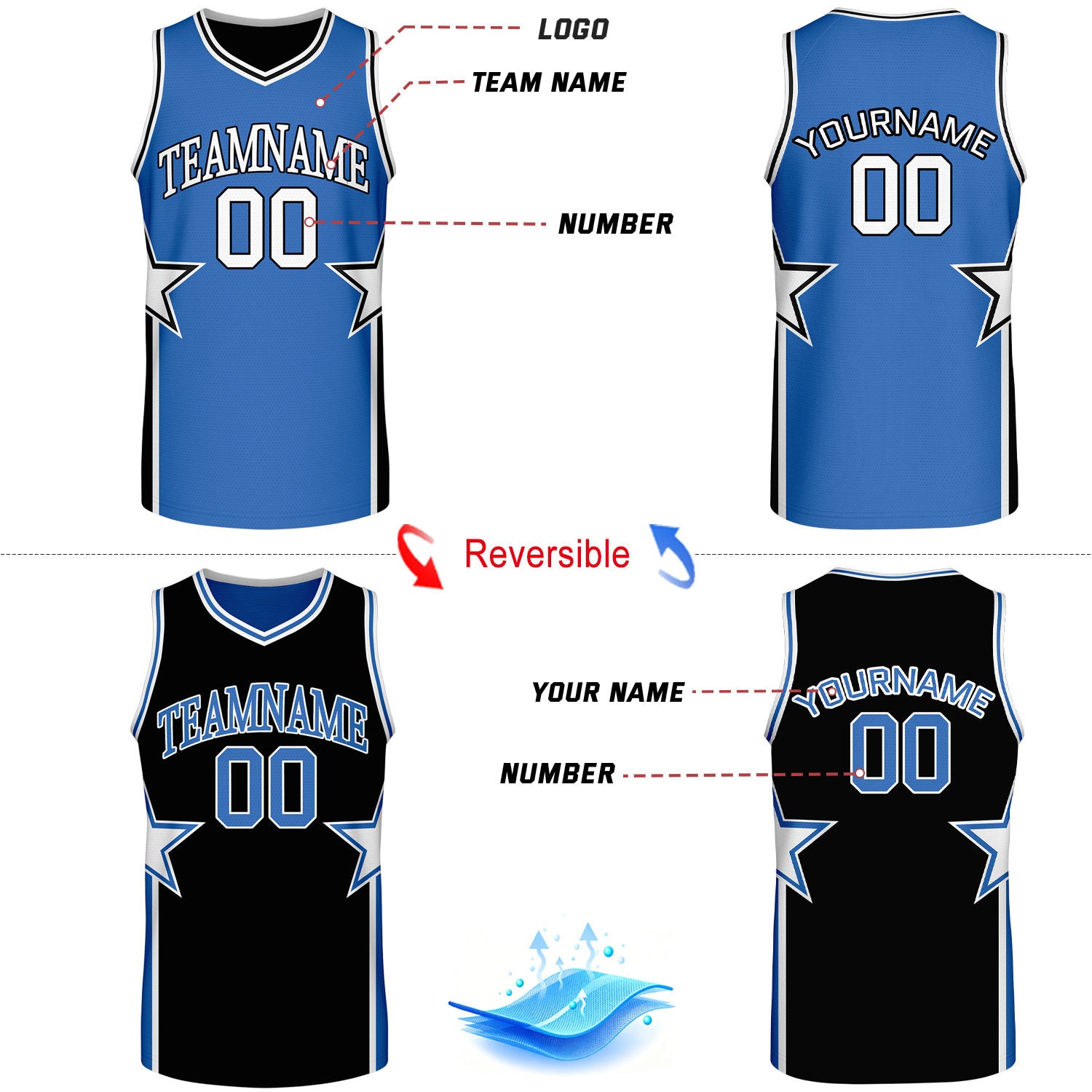 Custom Royal Blue & Black Star Reversible Basketball Uniform Set | Breathable Mesh Jersey & Shorts