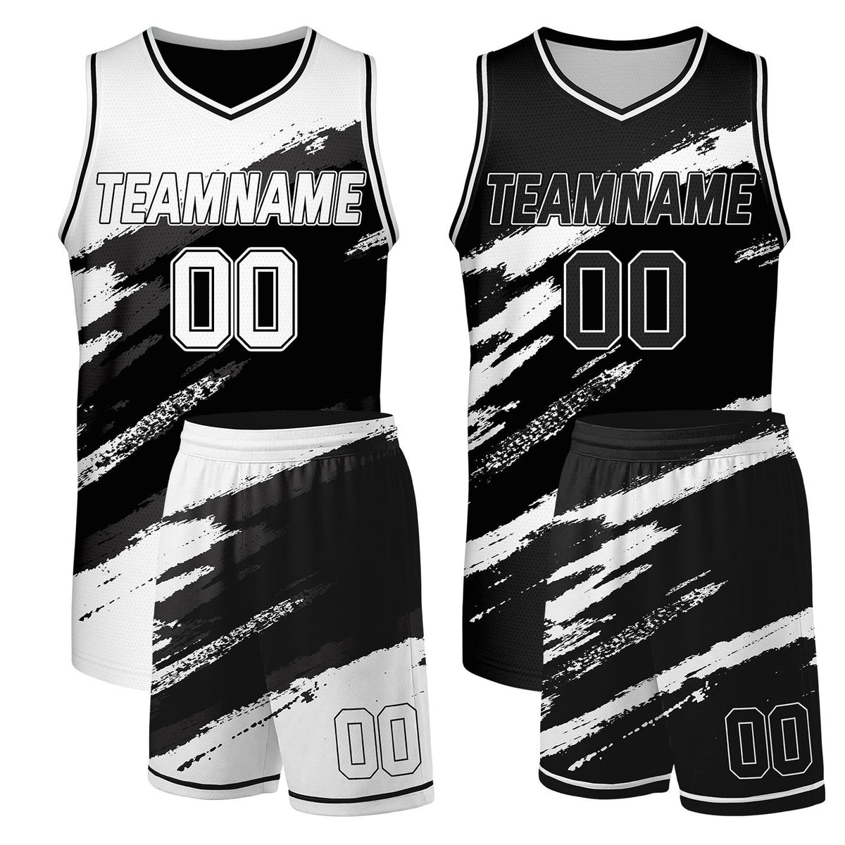 Reversible basketball jersey and shorts black and white by Vosoli, personalized team name, number & logo, breathable mesh double sided uniform set for team basketball games