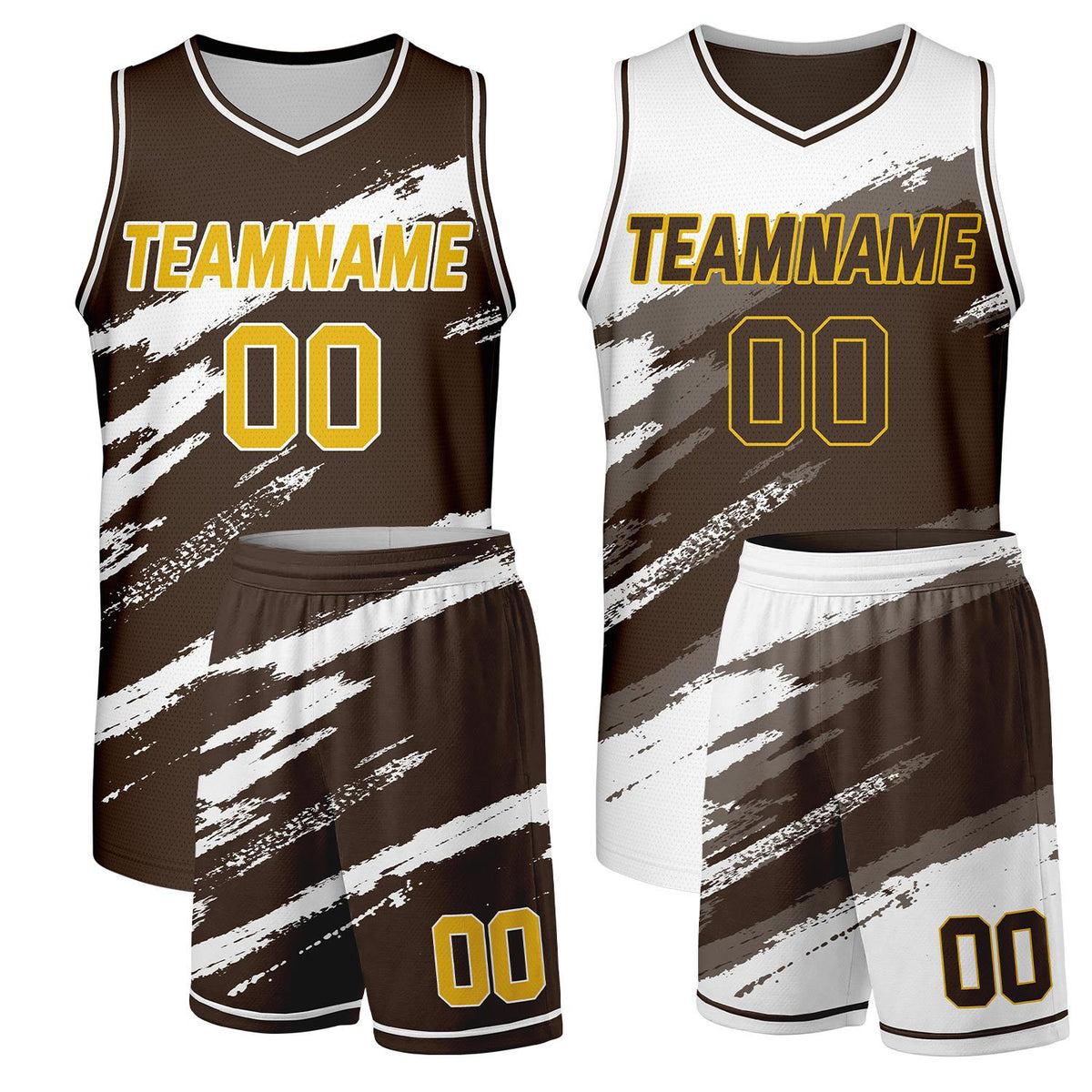 Reversible basketball jersey and shorts brown and white by Vosoli, personalized team name, number & logo, breathable mesh double sided uniform set for team basketball games