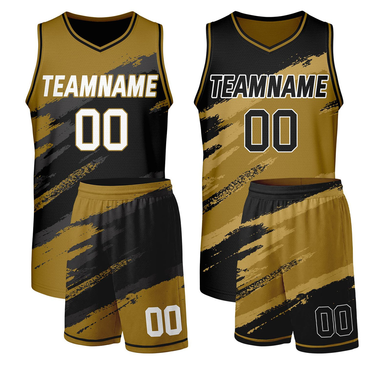 Reversible basketball jersey and shorts gold and black by Vosoli, personalized team name, number & logo, breathable mesh double sided uniform set for team basketball games