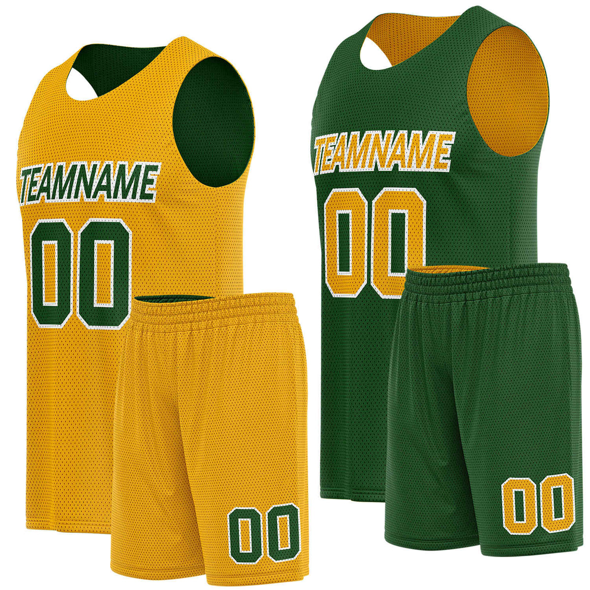Reversible basketball jersey and shorts gold forest green by Vosoli. Personalized team name, player number &amp; logo. Breathable mesh. Fast delivery.