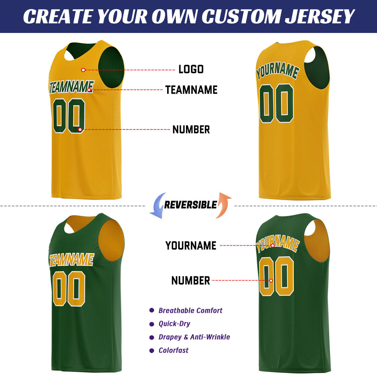 Custom Gold & Forest Green Double Sided Basketball Uniform Set | Breathable Mesh Tank Top and Shorts