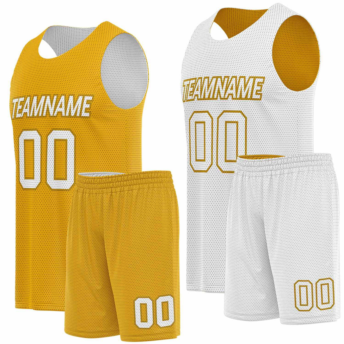 Reversible basketball jersey and shorts gold white by Vosoli. Personalized team name, player number & logo. Breathable mesh. Fast delivery.