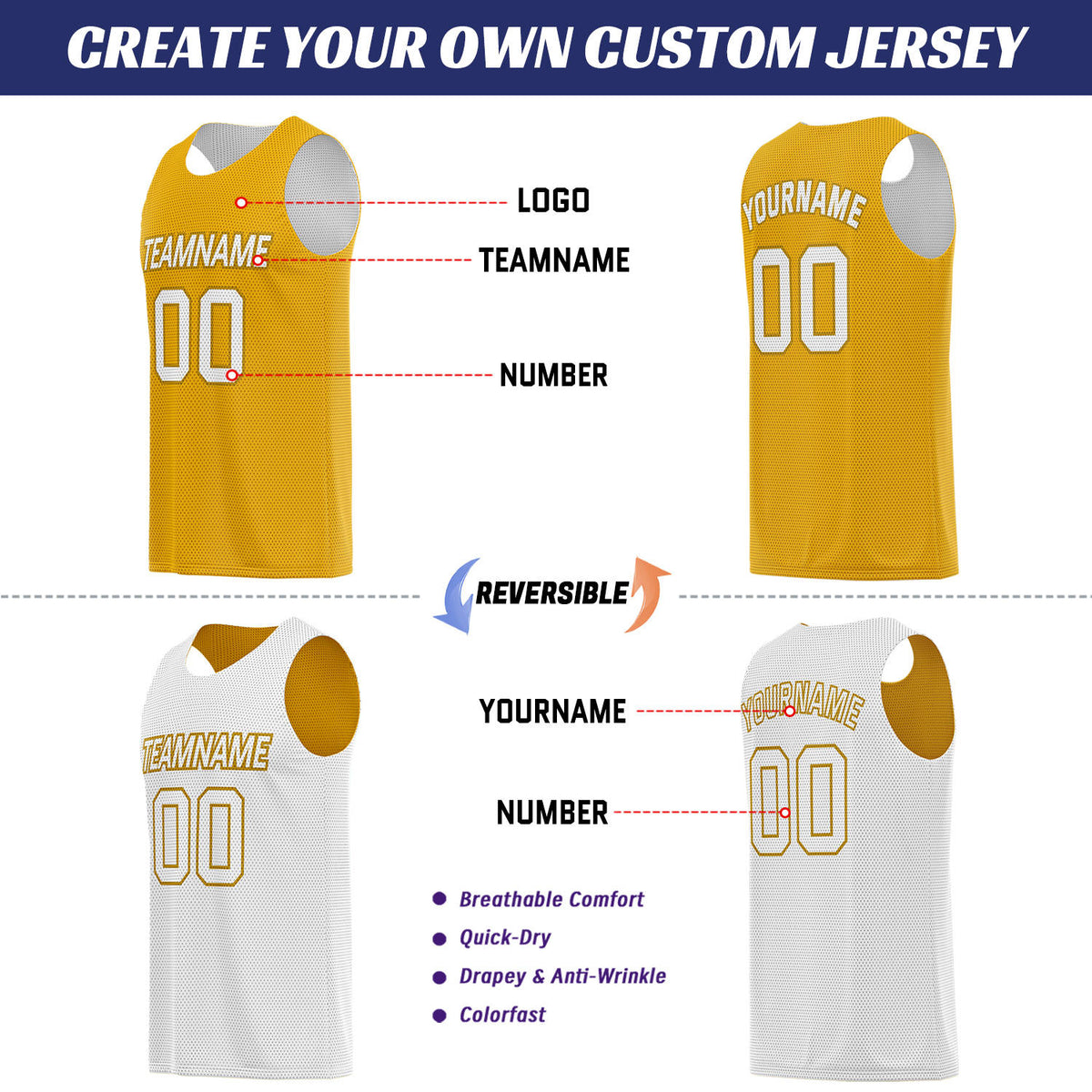 Custom Gold & White Double Sided Basketball Uniform Set | Breathable Mesh Tank Top and Shorts