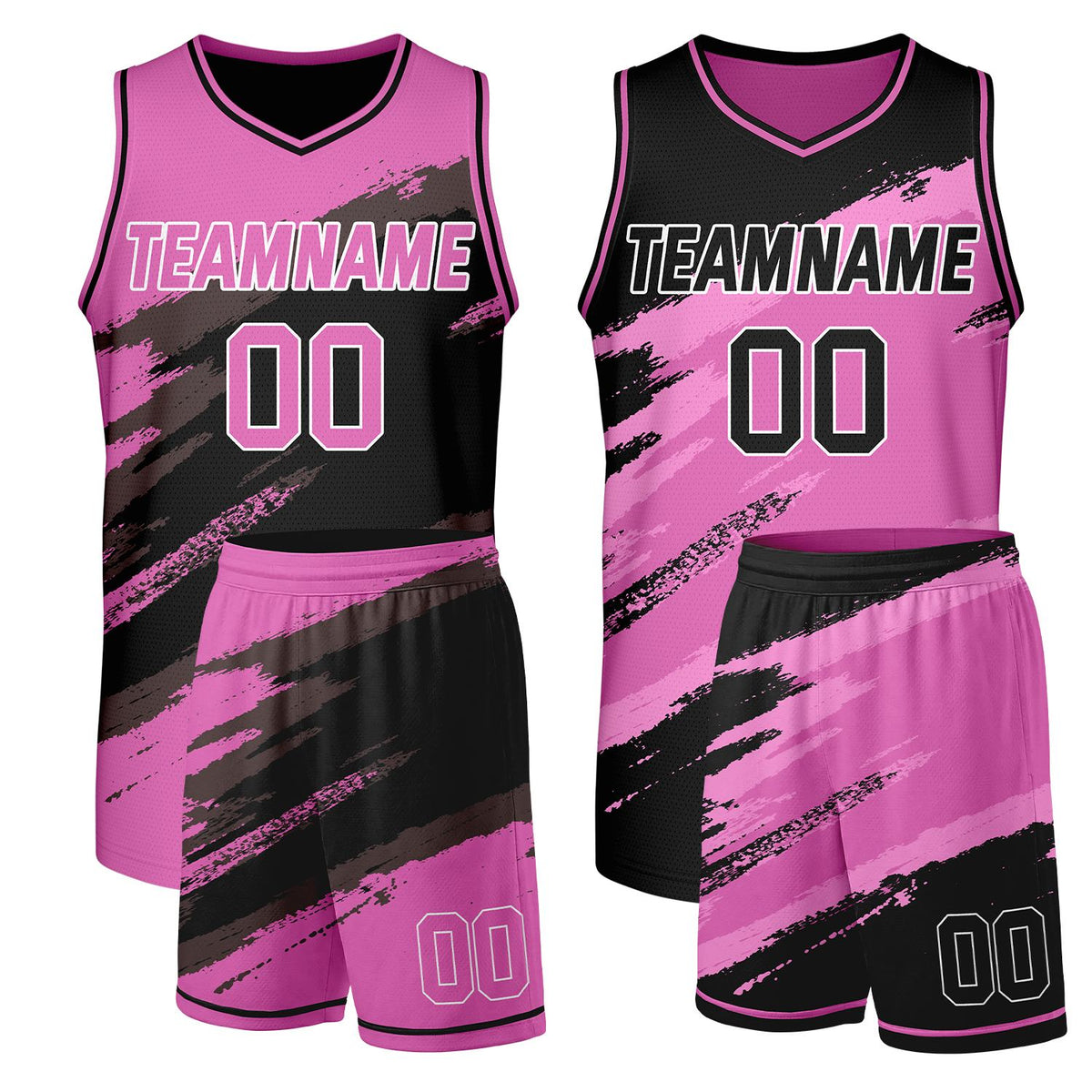 Reversible basketball jersey and shorts pink and black by Vosoli, personalized team name, number & logo, breathable mesh double sided uniform set for team basketball games