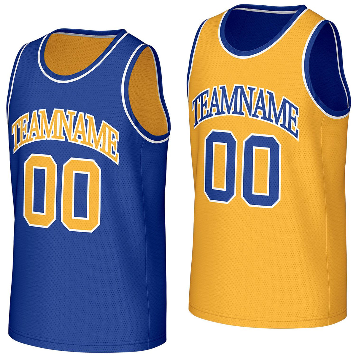 reversible basketball jerseys for teams blue gold reversible by Vosoli, personalized team name, number & logo, breathable mesh dual sided basketball jersey for team games