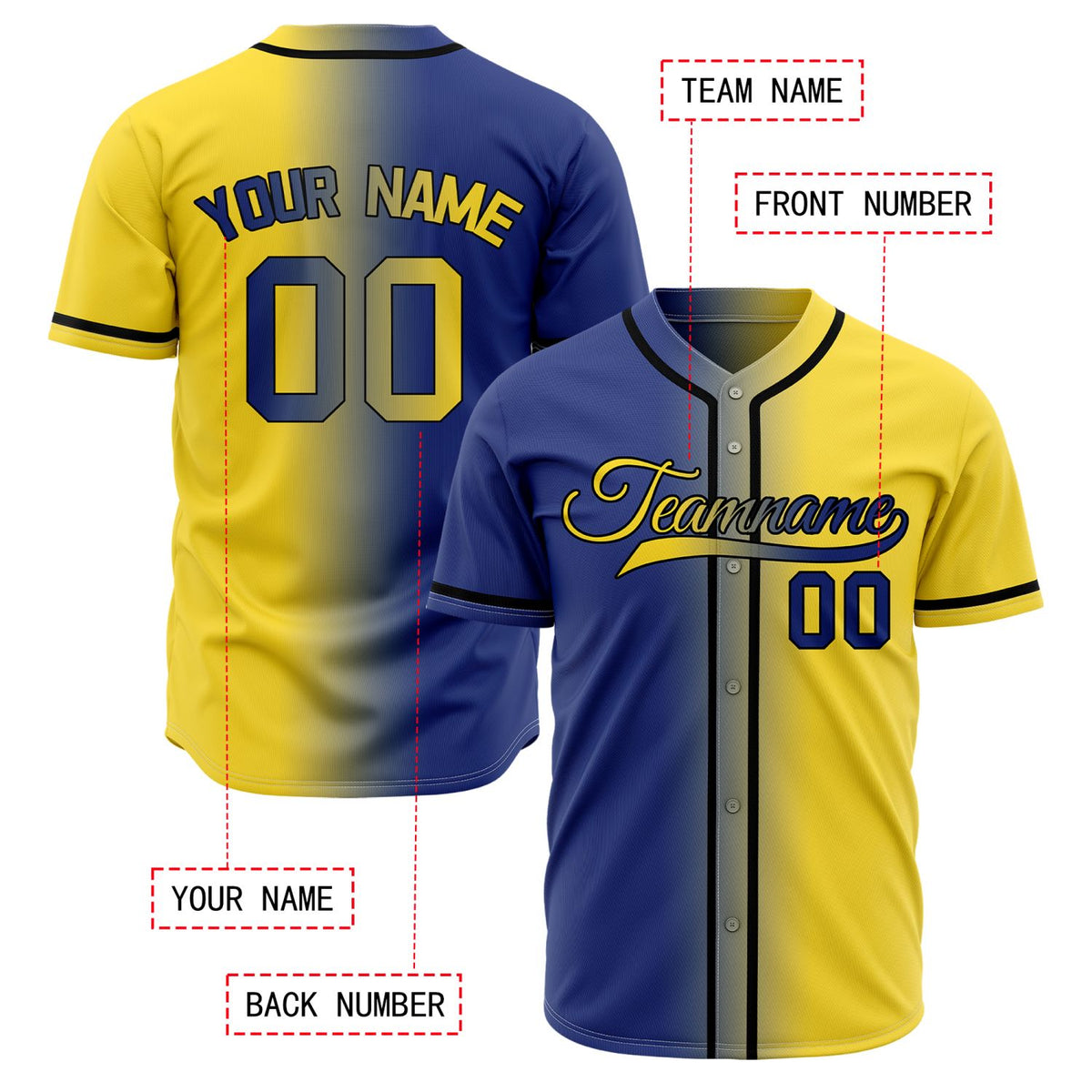 Custom Royal Blue and Yellow Split Baseball Jersey | Personalized Half-and-Half Team Uniform