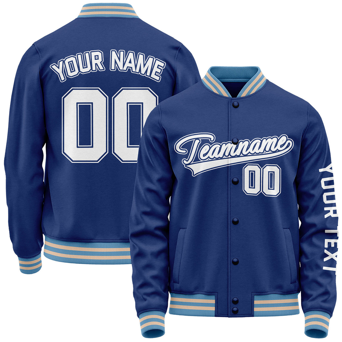 Wholesale custom baseball jackets by Vosoli with stitched name, number and logo. Classic varsity jacket for baseball and casual wear.