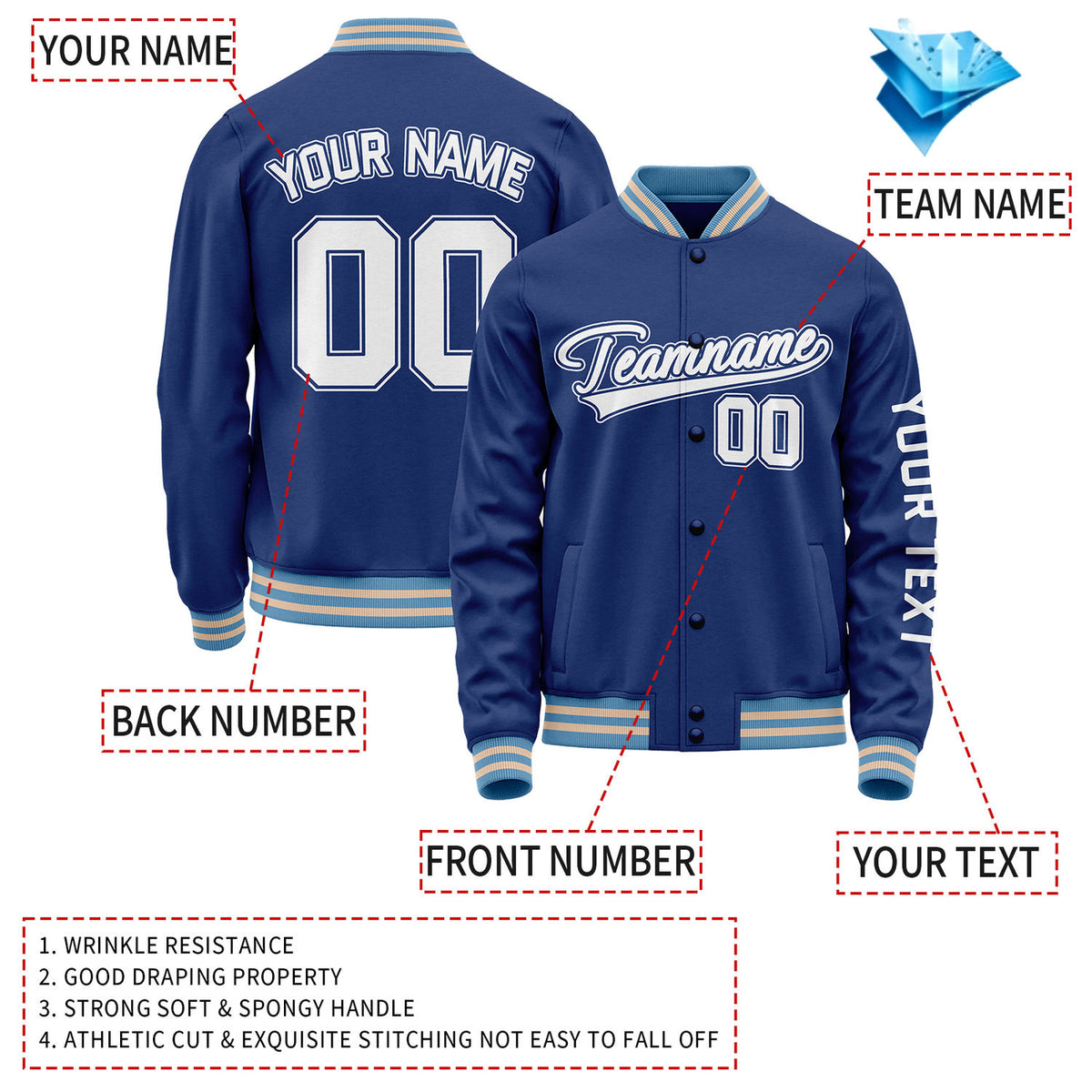 Custom Royal Blue White Jacket Personalized Team Name Number Letterman Bomber for Adult & Youth