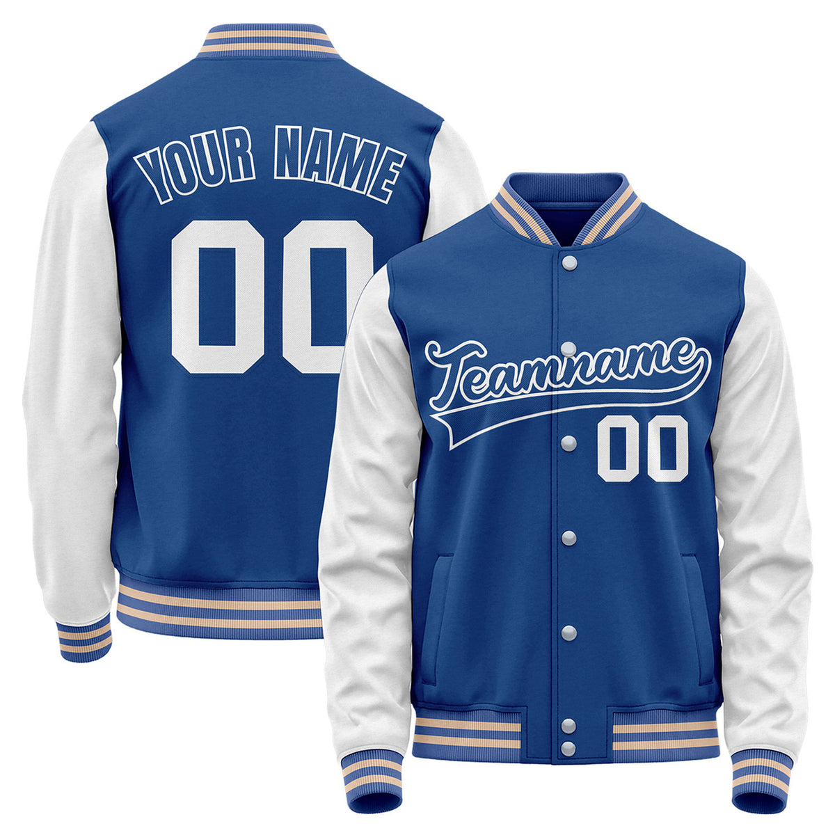Small batch custom baseball jackets, royal blue and white varsity bomber jacket, personalized team name, player number and custom logo.