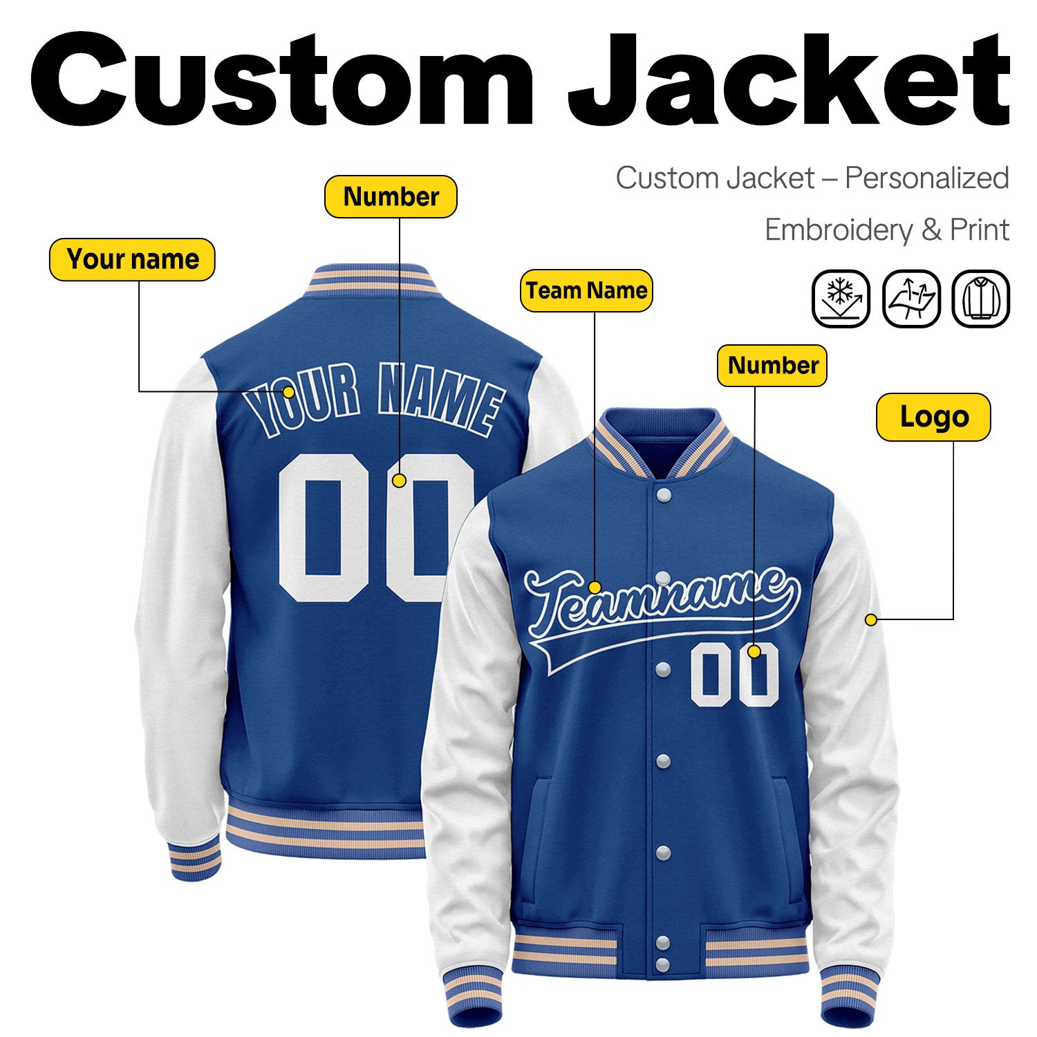 Custom Royal Blue & White Two-Tone Varsity Jacket | Personalized Baseball Bomber with Name, Number & Logo