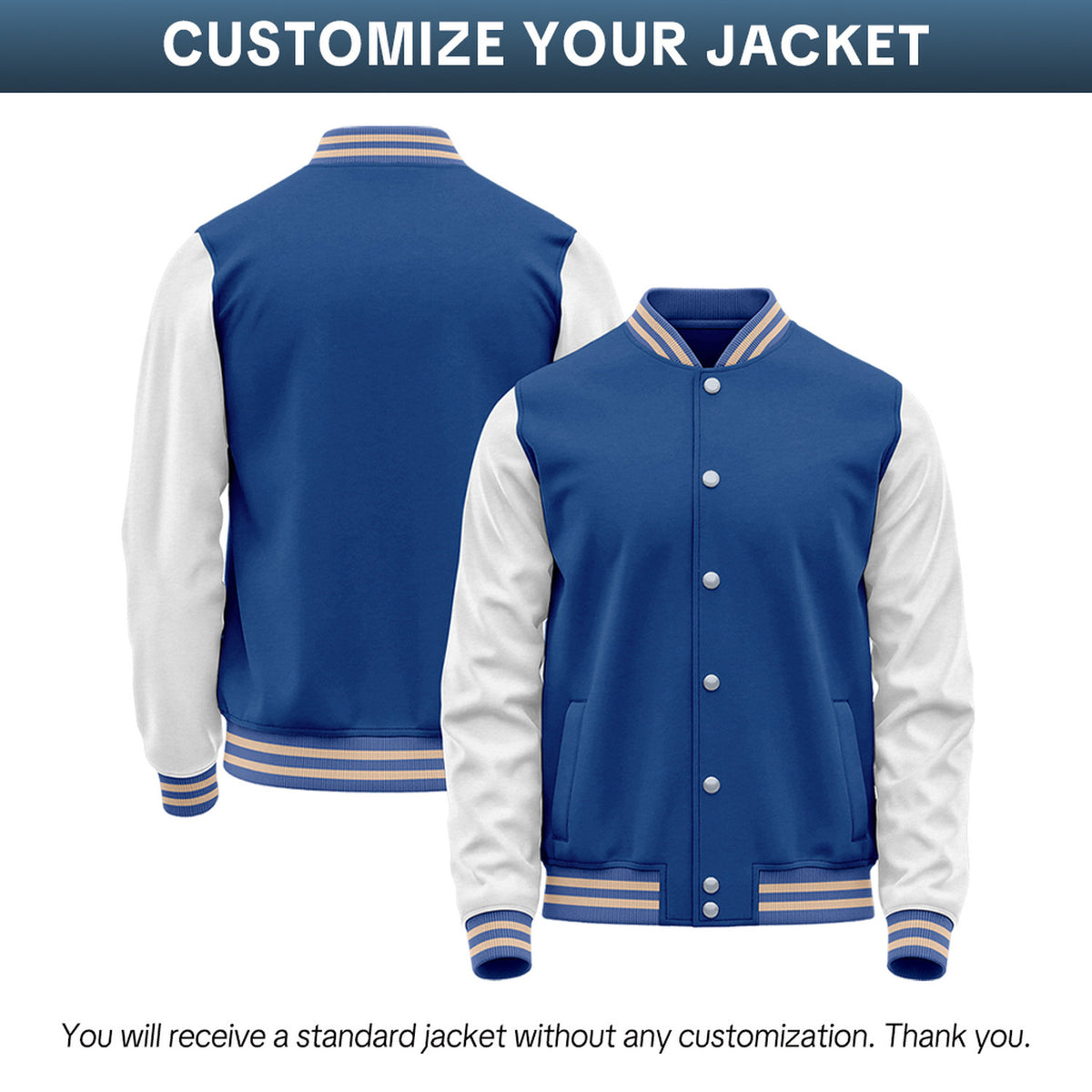 Custom Royal Blue & White Two-Tone Varsity Jacket | Personalized Baseball Bomber with Name, Number & Logo