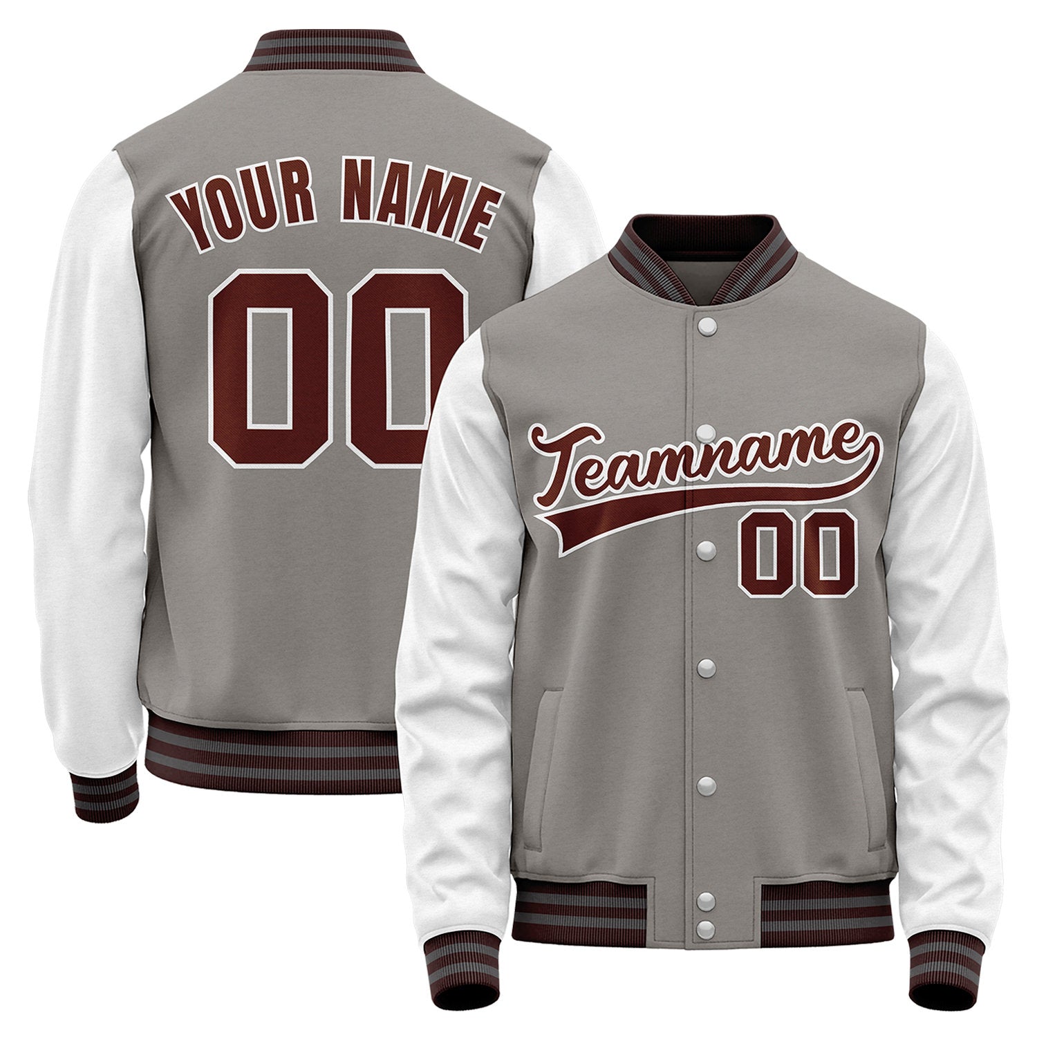 Spring baseball team jacket, grey and white varsity bomber jacket, personalized team name, player number and custom logo.