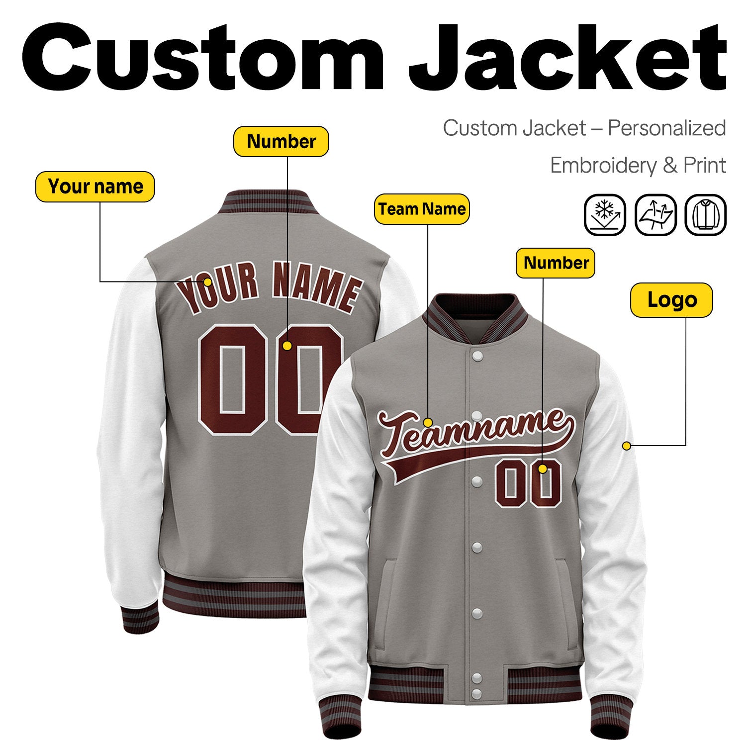 Custom Grey & White Two-Tone Varsity Jacket | Personalized Baseball Bomber with Name, Number & Logo
