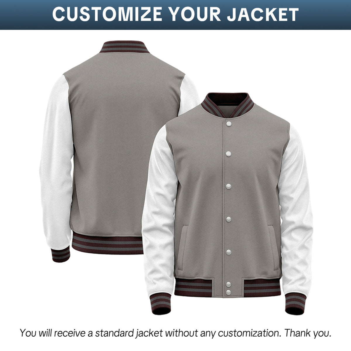 Custom Grey & White Two-Tone Varsity Jacket | Personalized Baseball Bomber with Name, Number & Logo