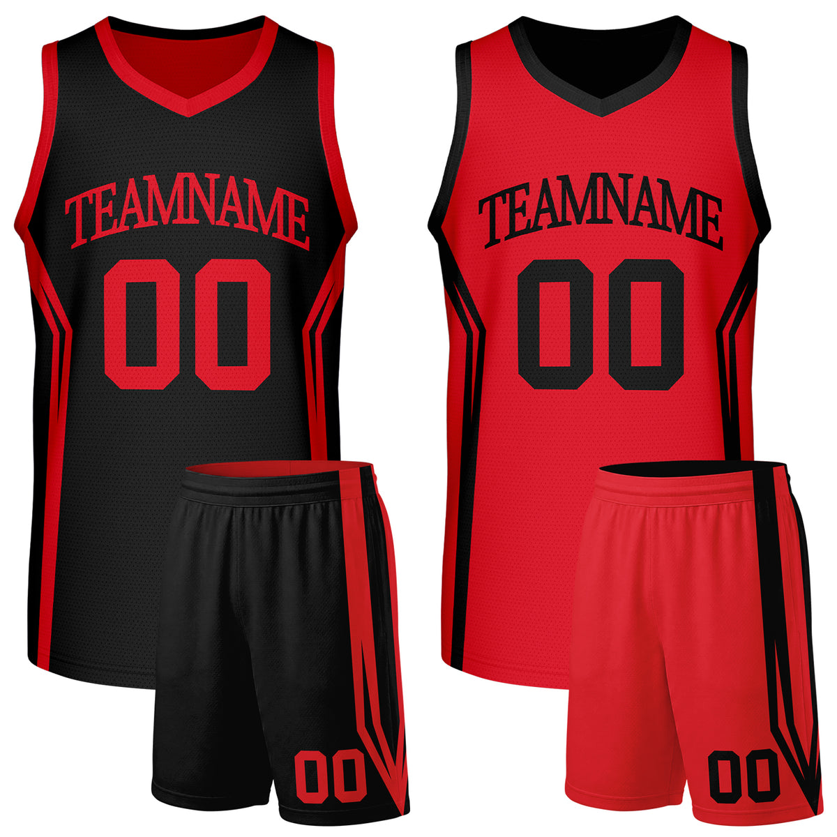 Custom reversible black red high school basketball uniforms, jersey &amp; shorts set with team name &amp; player number. Factory-direct, fast shipping.