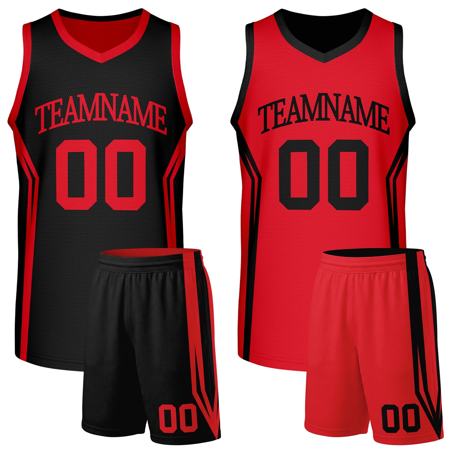 Custom reversible black red high school basketball uniforms, jersey & shorts set with team name & player number. Factory-direct, fast shipping.