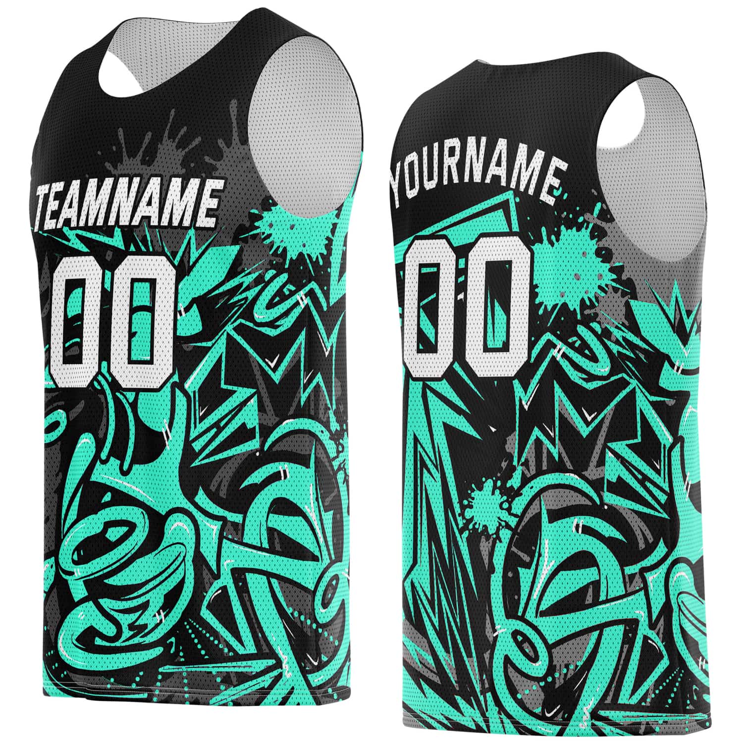 Custom Teal & Black Graffiti Splash Basketball Jersey - Personalized Team Name, Number & LOGO | Vosoli