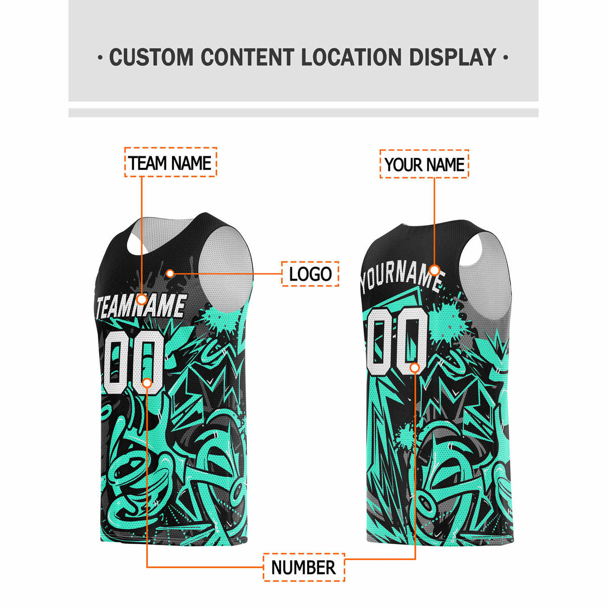 Custom Teal & Black Graffiti Splash Basketball Jersey - Personalized Team Name, Number & LOGO | Vosoli