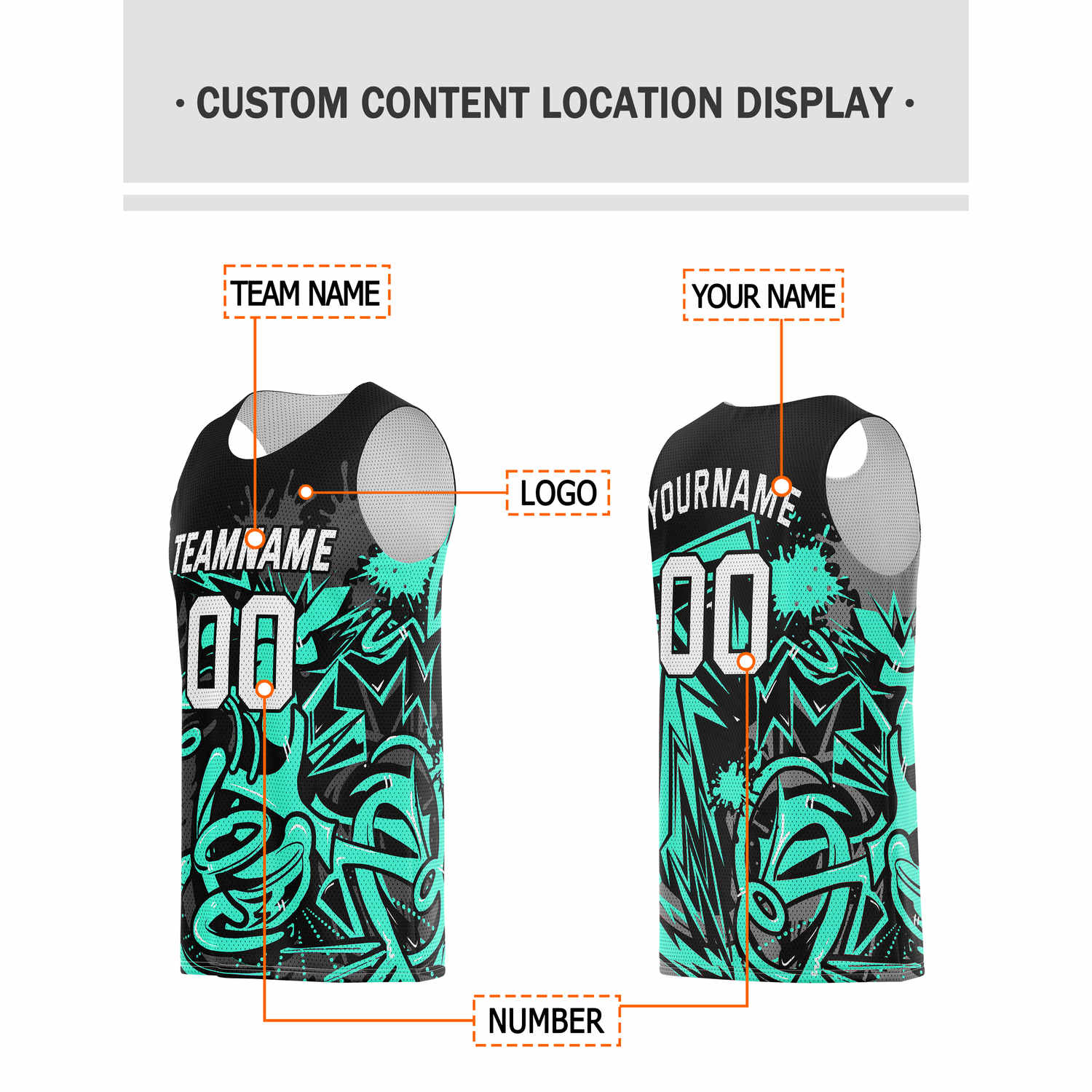 Custom Teal & Black Graffiti Splash Basketball Jersey - Personalized Team Name, Number & LOGO | Vosoli