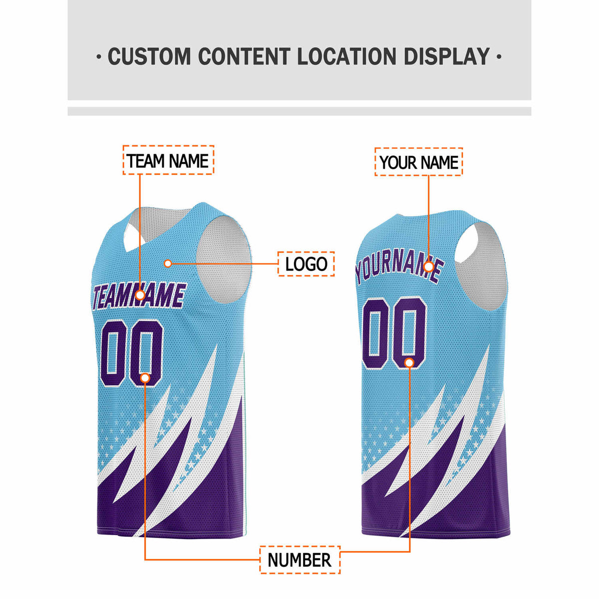 Custom Multi-Teal & Purple Lightning-Star Pattern Basketball Jersey - Personalized Team Name, Number & LOGO | Vosoli